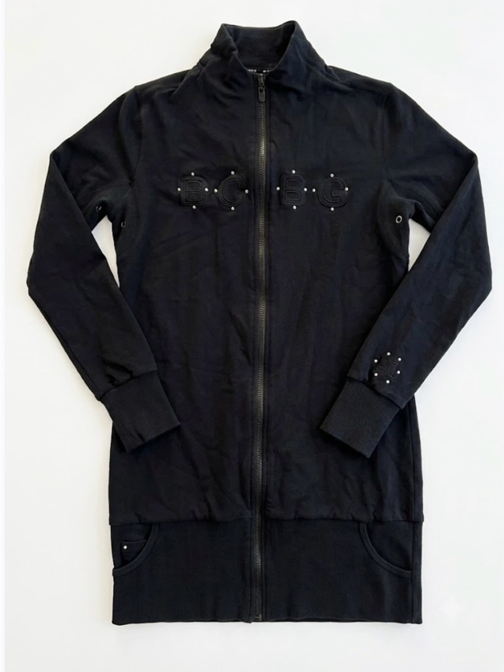 BCBGMaxAzria Black Longline Zip-Up Cardigan with Stud Embellishment size L